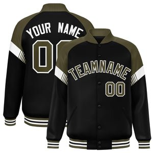 Custom Black Olive-White Varsity Full-Snap Color Block Letterman Jacket