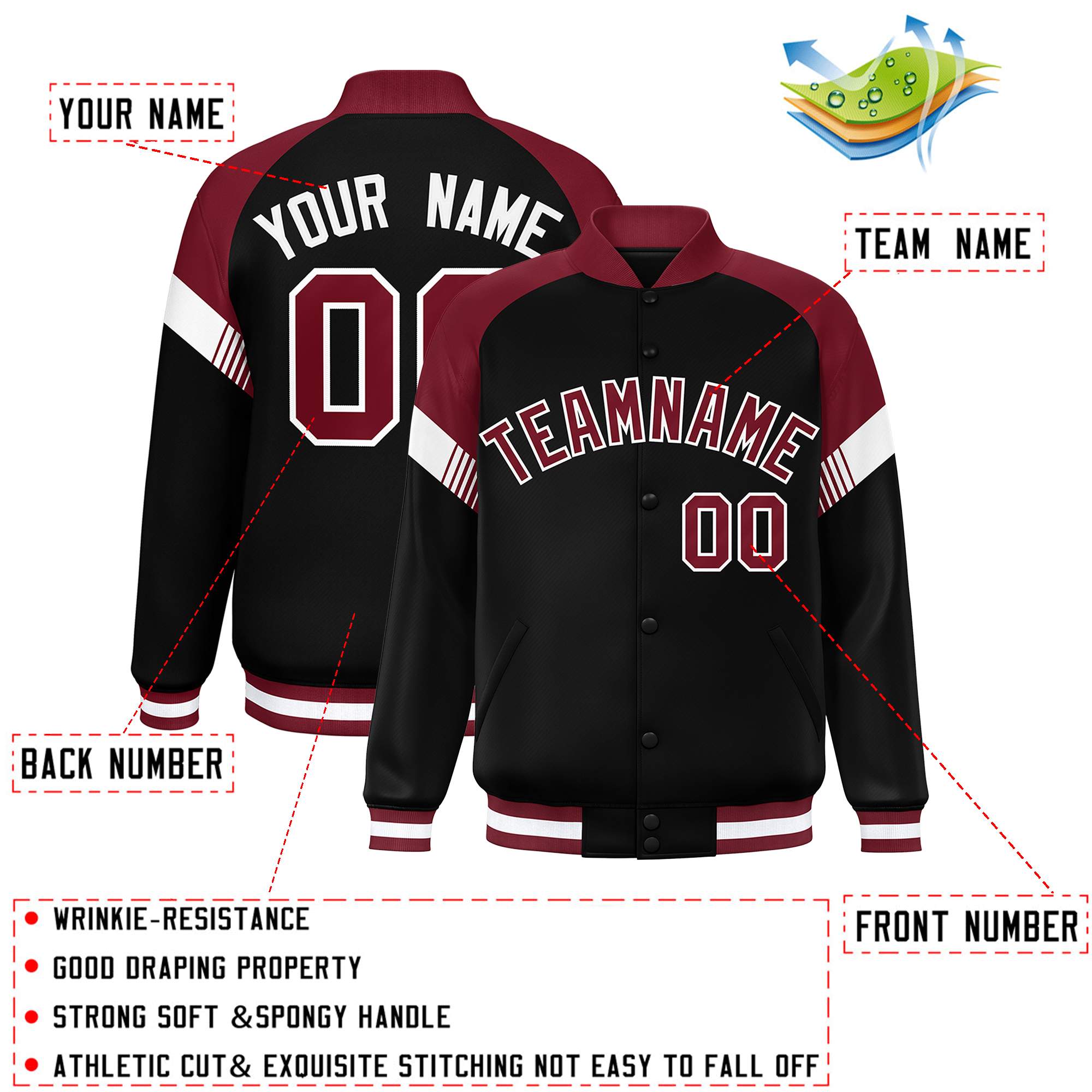 Custom Black Crimson-White Varsity Full-Snap Color Block Letterman Jacket