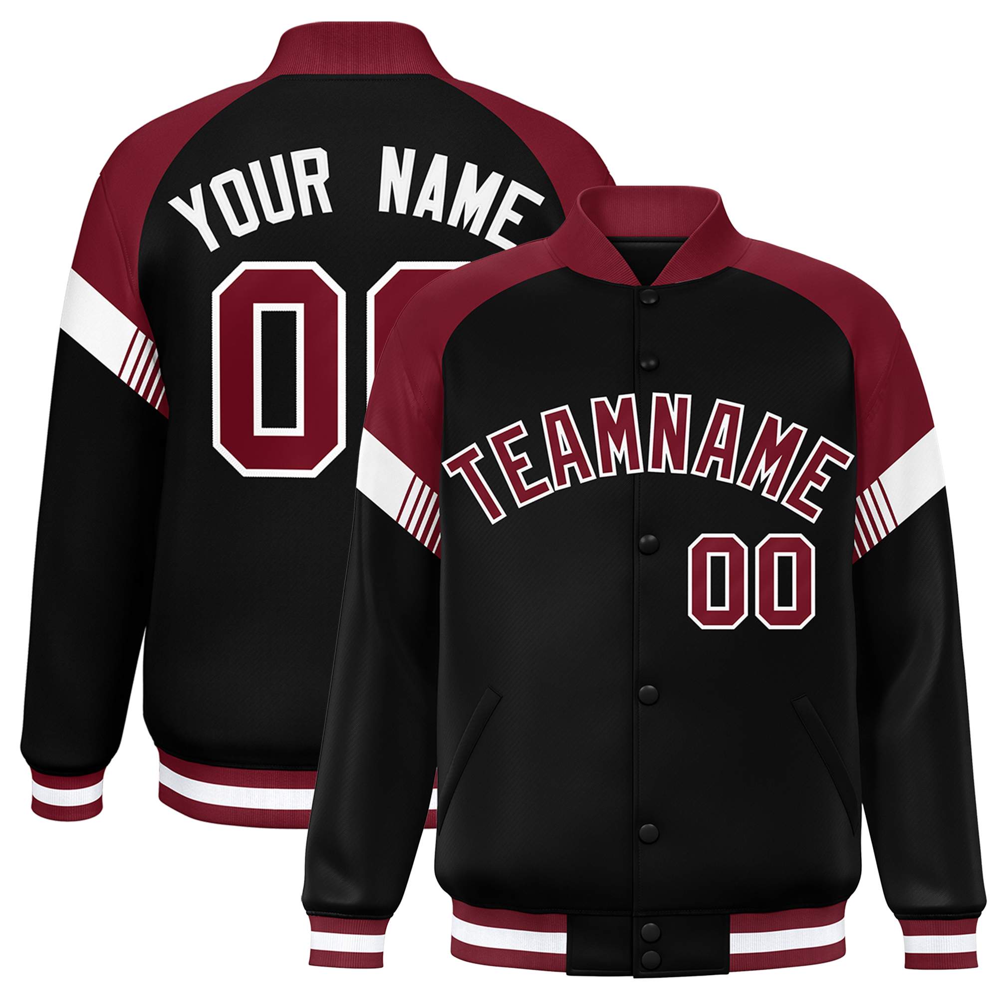 Custom Black Crimson-White Varsity Full-Snap Color Block Letterman Jacket