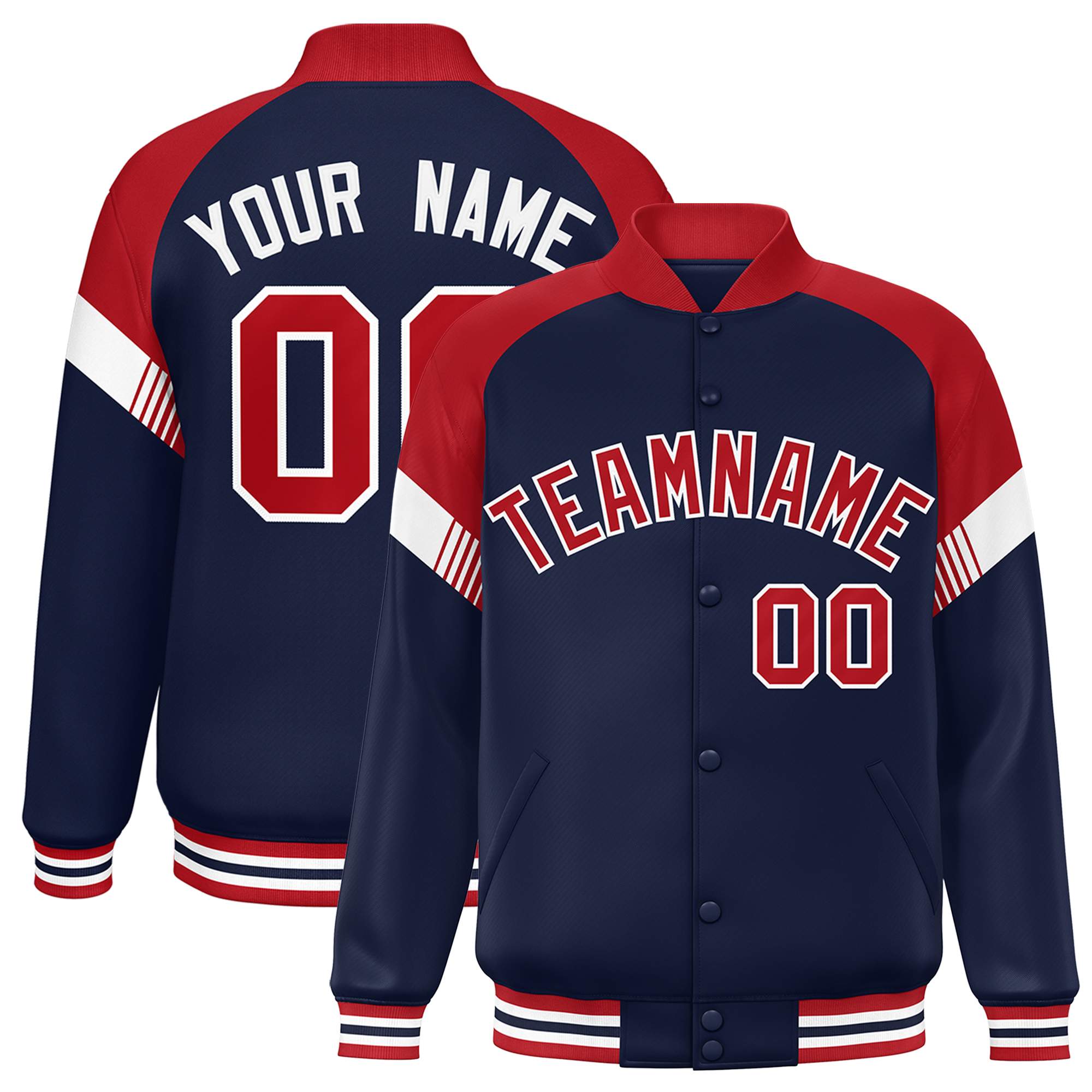 Custom Navy Red-White Varsity Full-Snap Color Block Letterman Jacket