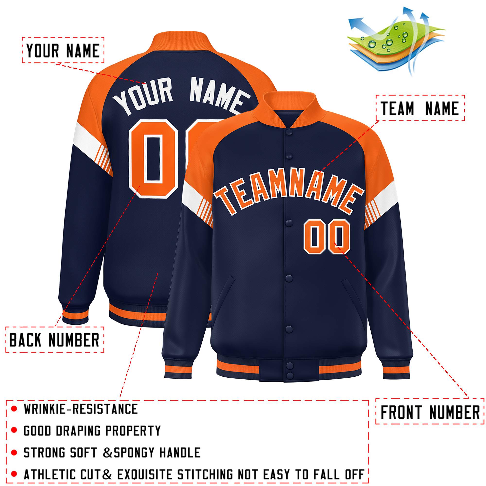 Custom Navy Orange-White Varsity Full-Snap Color Block Letterman Jacket