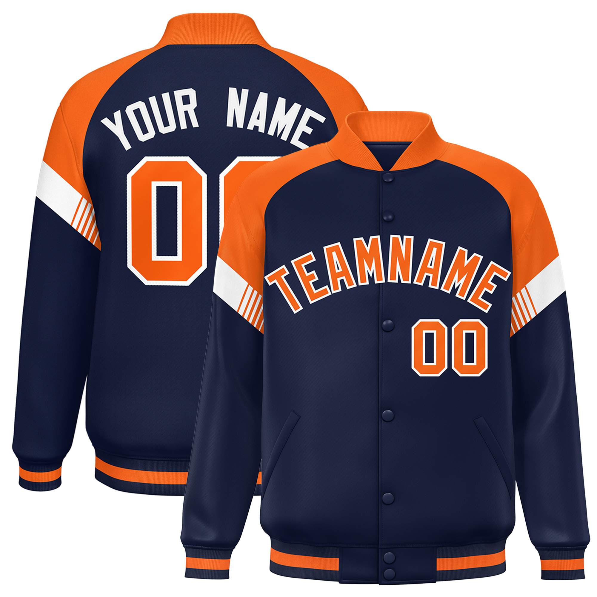 Custom Navy Orange-White Varsity Full-Snap Color Block Letterman Jacket