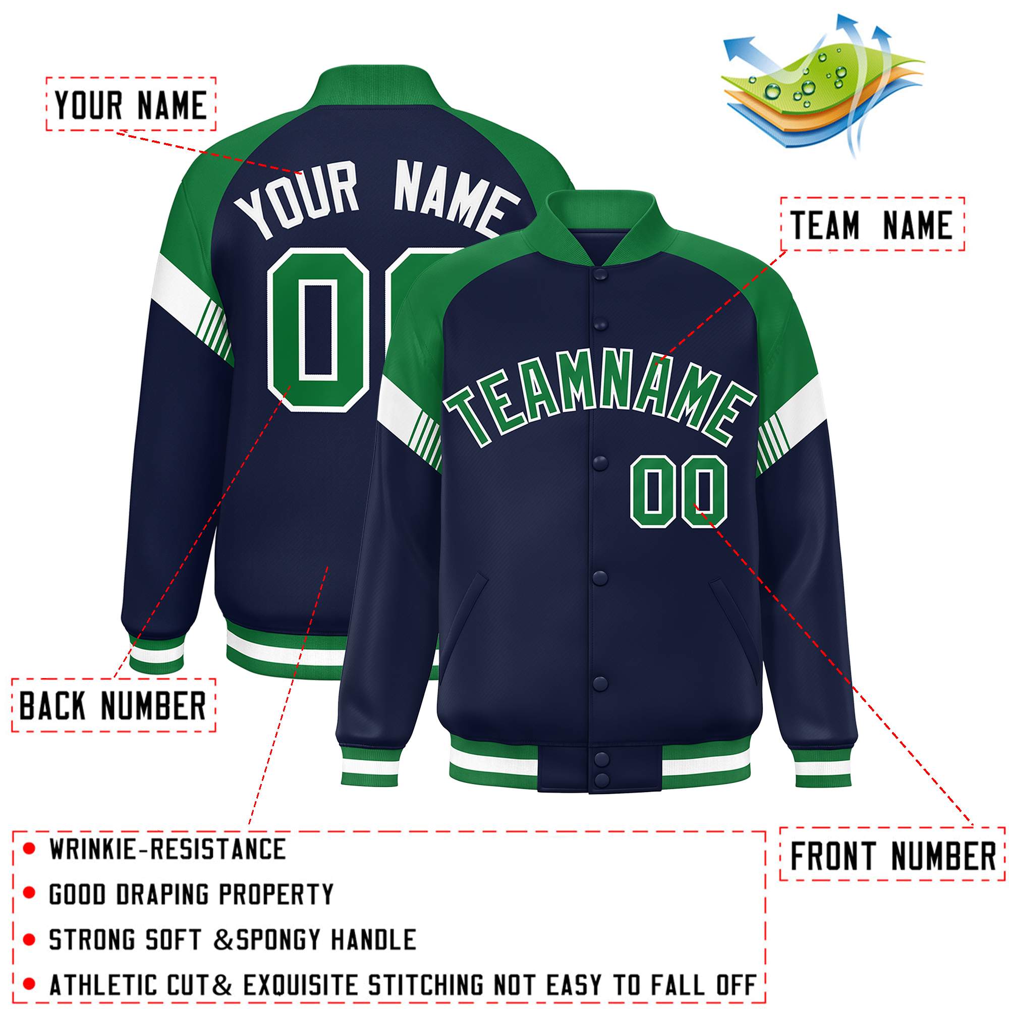 Custom Navy Kelly Green-White Varsity Full-Snap Color Block Letterman Jacket