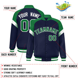 Custom Navy Kelly Green-White Varsity Full-Snap Color Block Letterman Jacket