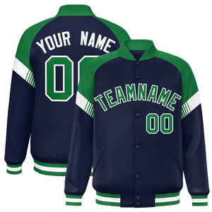 Custom Navy Kelly Green-White Varsity Full-Snap Color Block Letterman Jacket