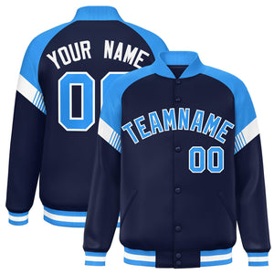 Custom Navy Powder Blue-White Varsity Full-Snap Color Block Letterman Jacket