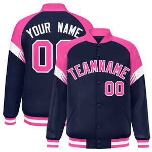 Custom Navy Pink-White Varsity Full-Snap Color Block Letterman Jacket