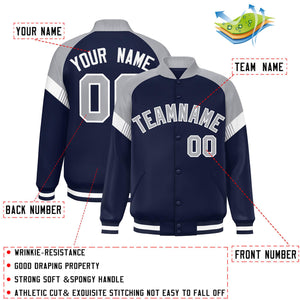 Custom Navy Gray-White Varsity Full-Snap Color Block Letterman Jacket