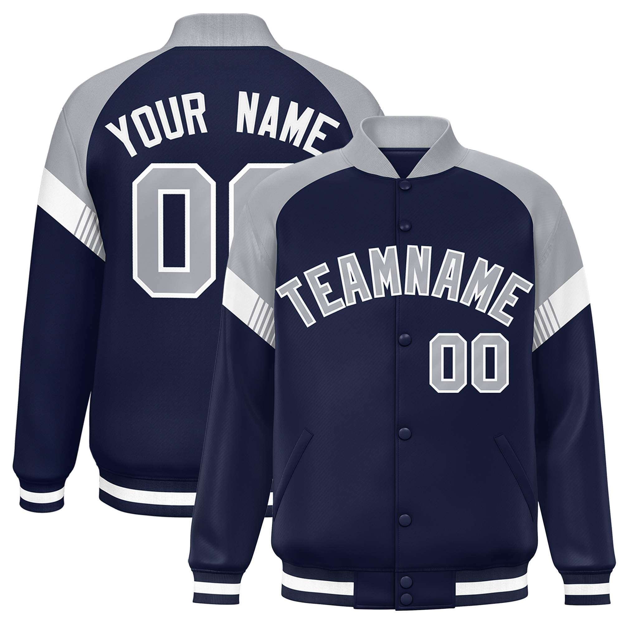 Custom Navy Gray-White Varsity Full-Snap Color Block Letterman Jacket