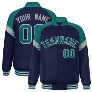 Custom Navy Aqua-Gray Varsity Full-Snap Color Block Letterman Jacket