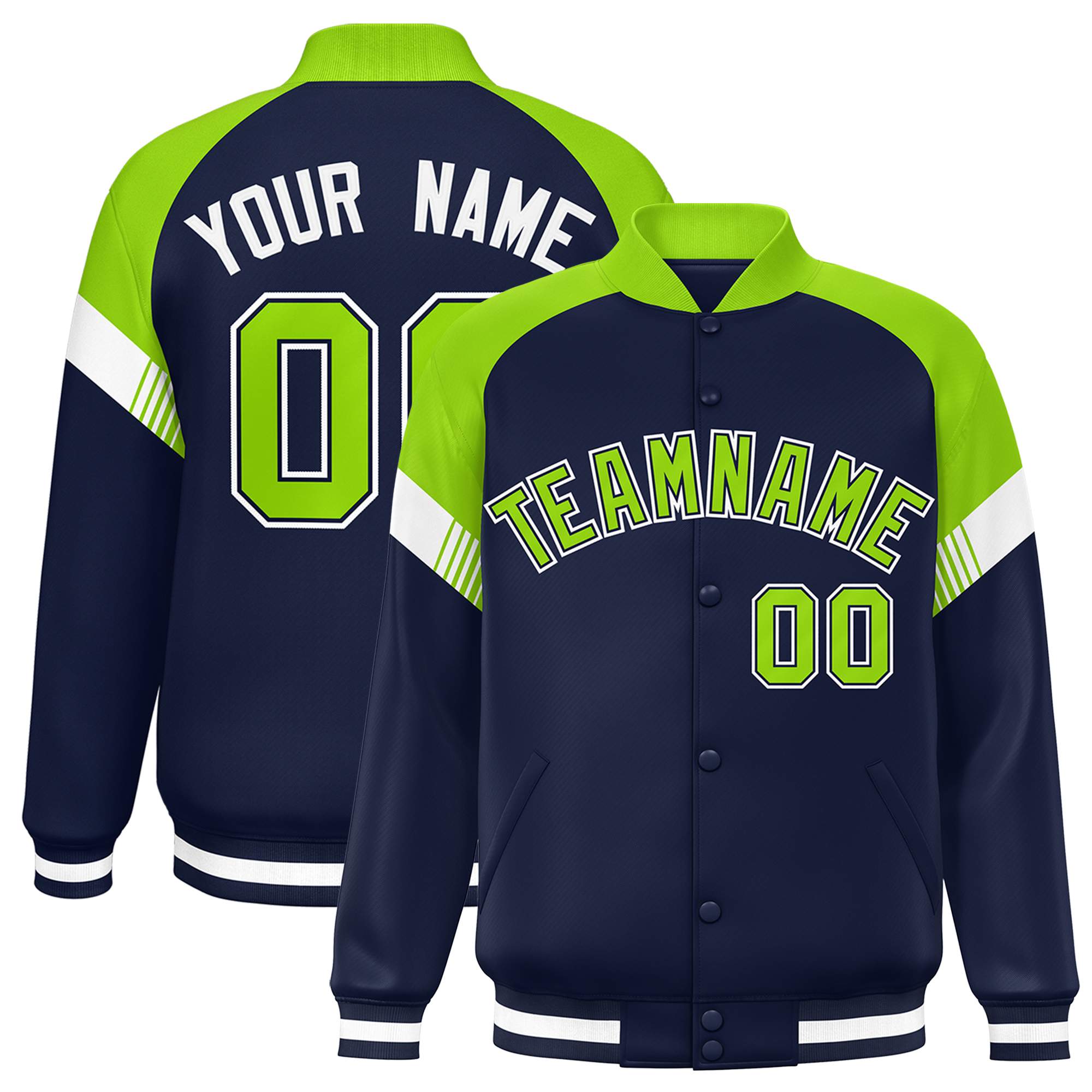 Custom Navy Neon Green-White Varsity Full-Snap Color Block Letterman Jacket