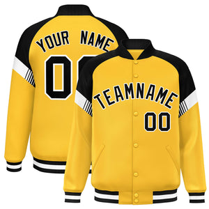 Custom Gold Black-White Varsity Full-Snap Color Block Letterman Jacket