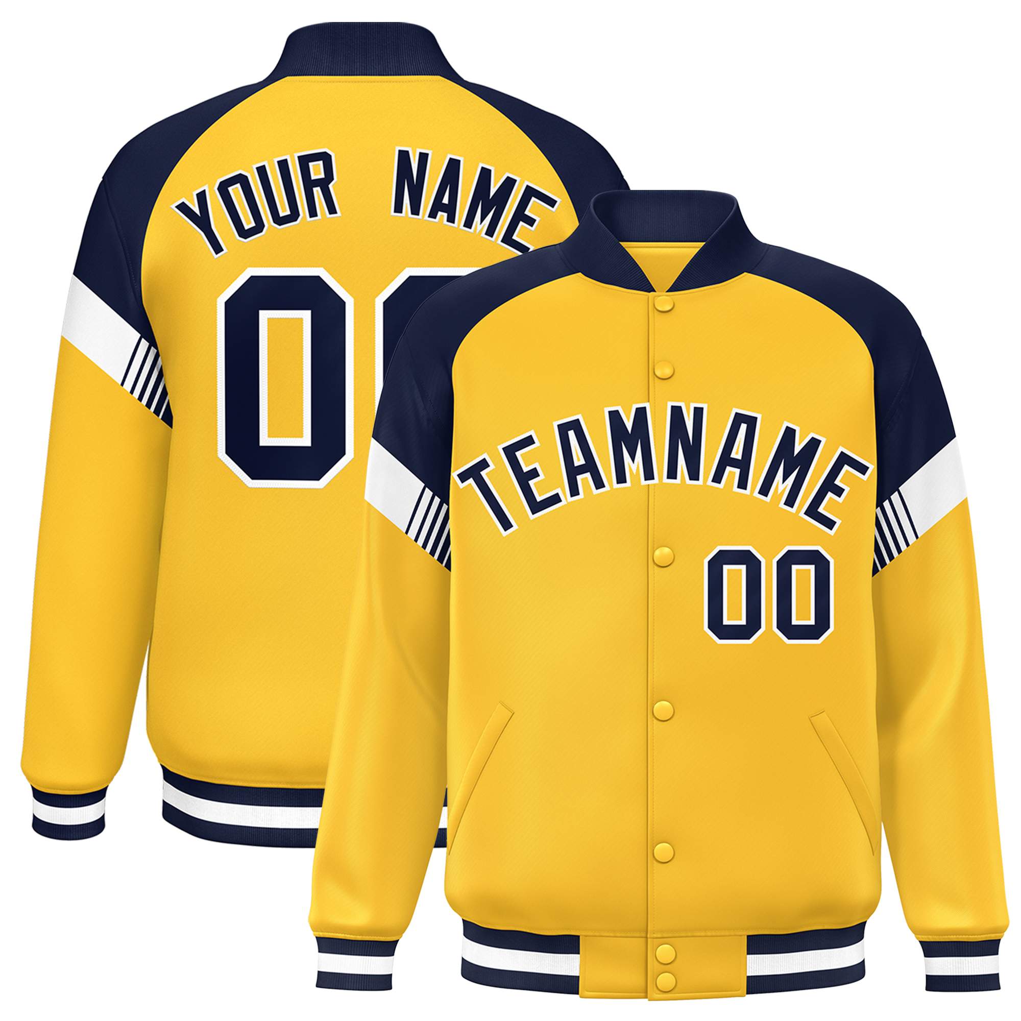 Custom Gold Navy-White Varsity Full-Snap Color Block Letterman Jacket