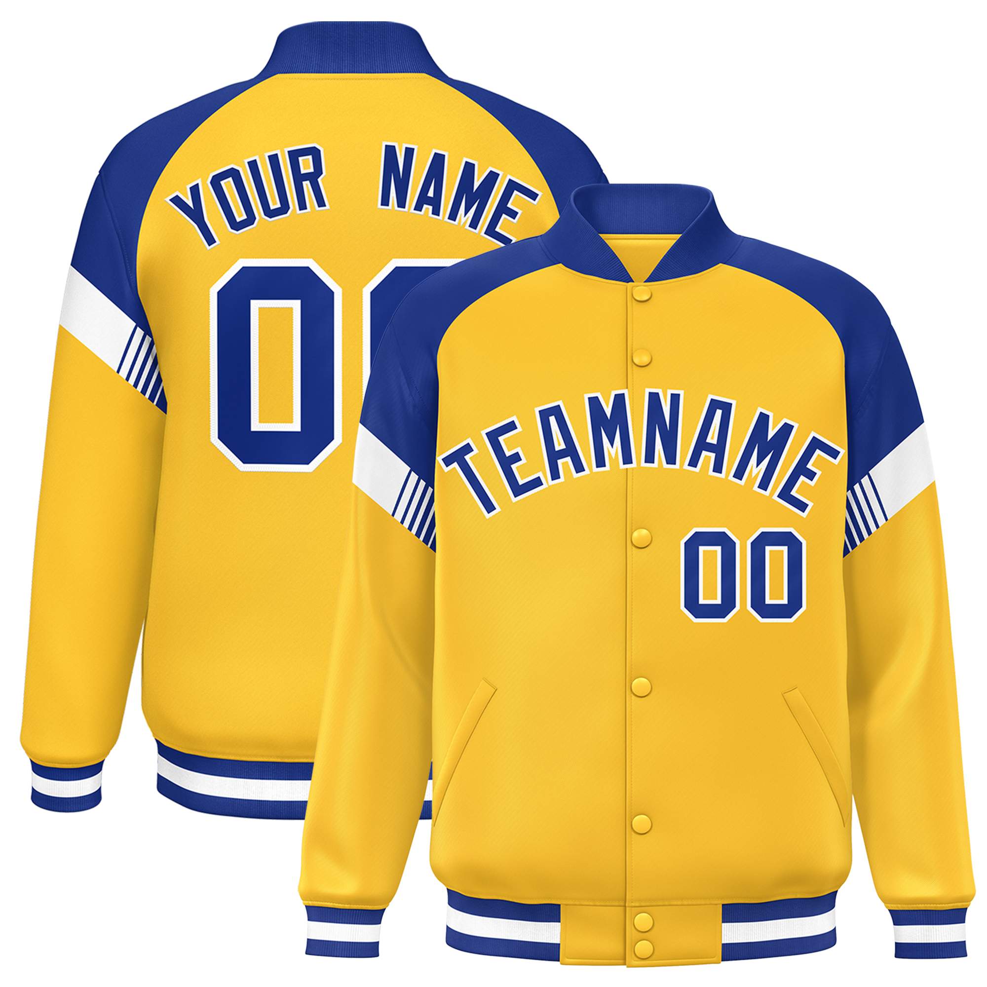 Custom Gold Royal-White Varsity Full-Snap Color Block Letterman Jacket