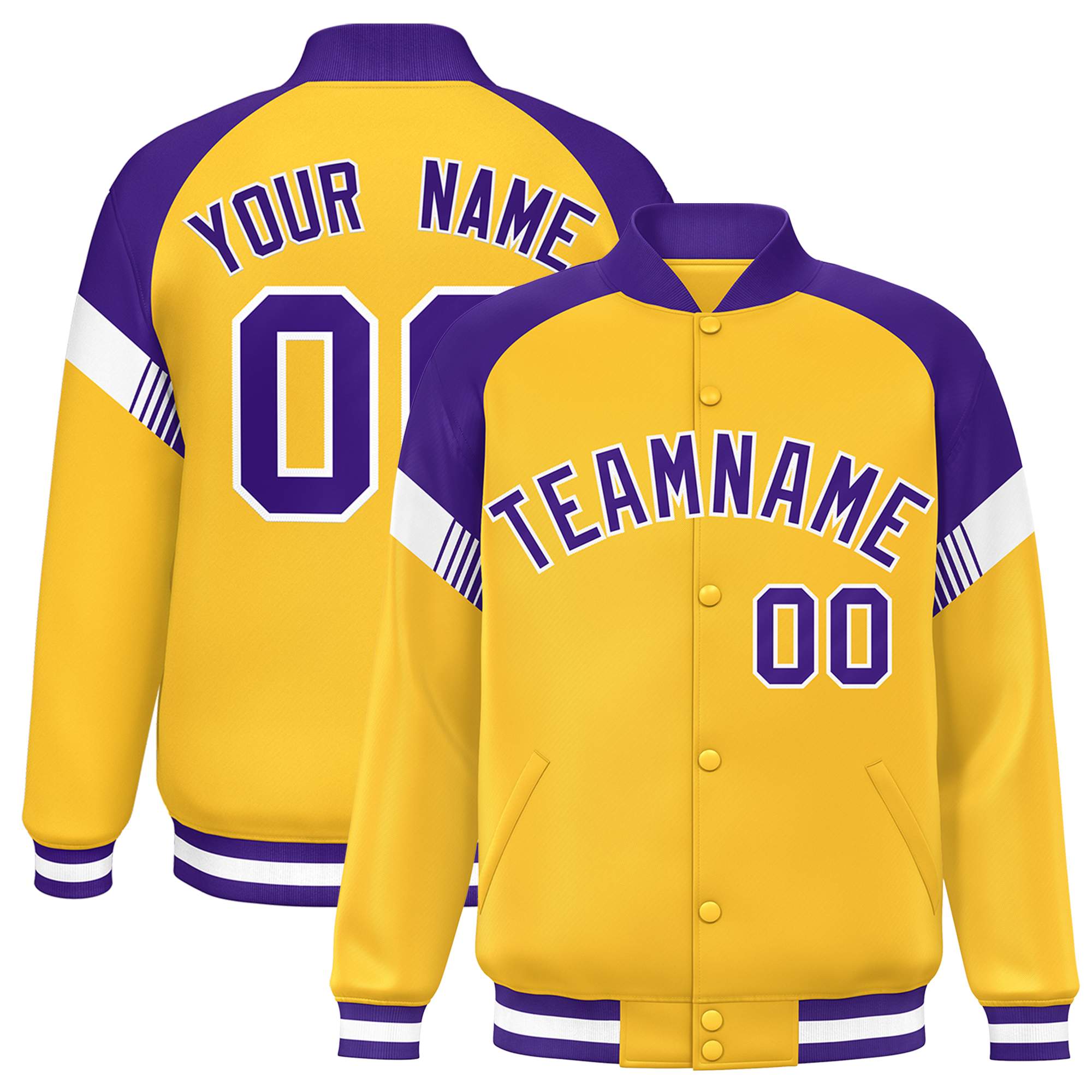 Custom Gold Purple-White Varsity Full-Snap Color Block Letterman Jacket