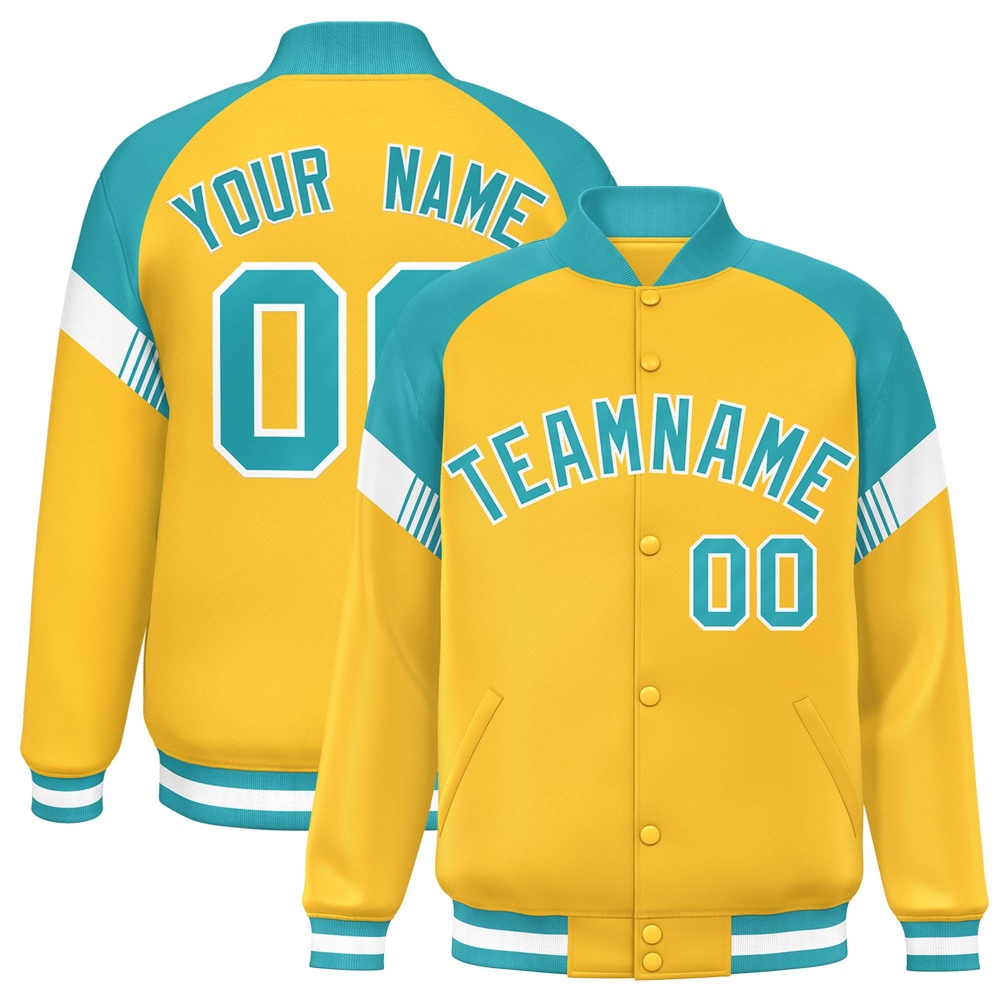 Custom Gold Aqua-White Varsity Full-Snap Color Block Letterman Jacket