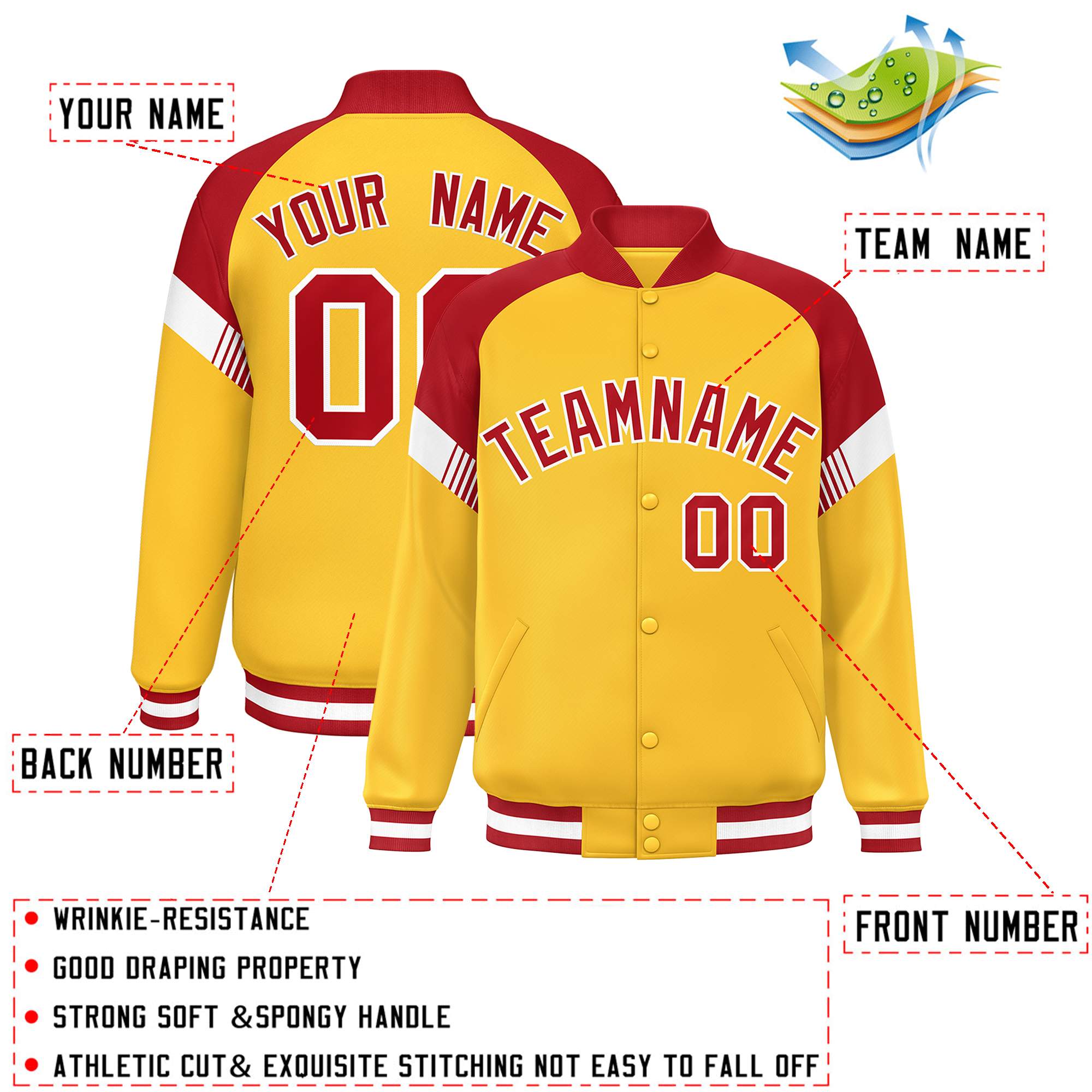 Custom Gold Red-White Varsity Full-Snap Color Block Letterman Jacket