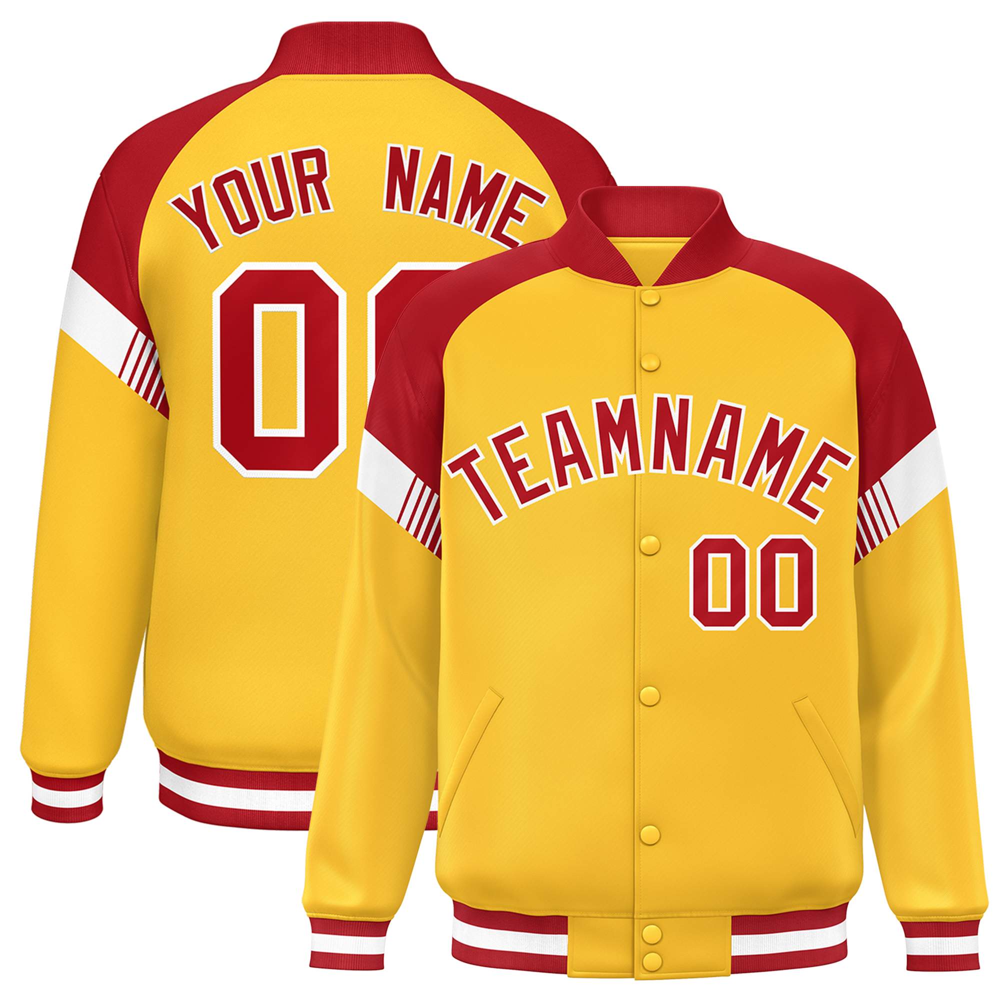 Custom Gold Red-White Varsity Full-Snap Color Block Letterman Jacket