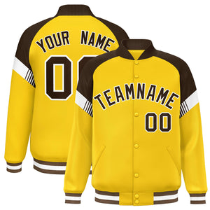 Custom Gold Brown-White Varsity Full-Snap Color Block Letterman Jacket