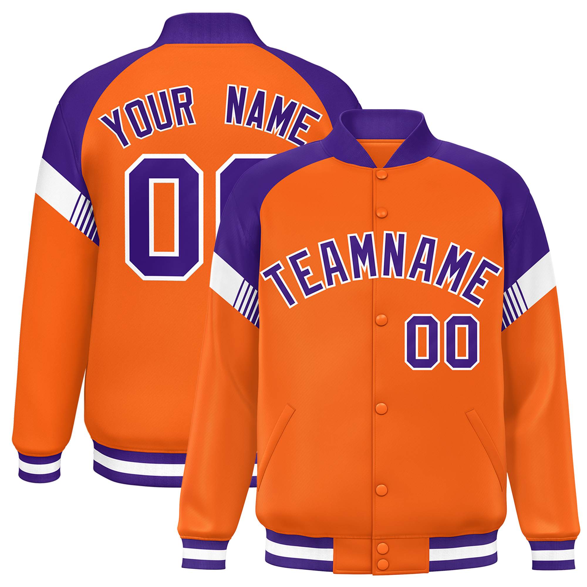 Custom Orange Purple-White Varsity Full-Snap Color Block Letterman Jacket