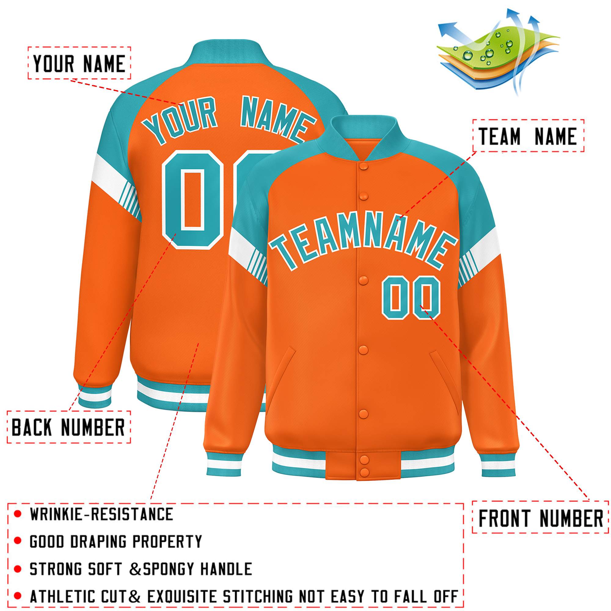 Custom Orange Aqua-White Varsity Full-Snap Color Block Letterman Jacket