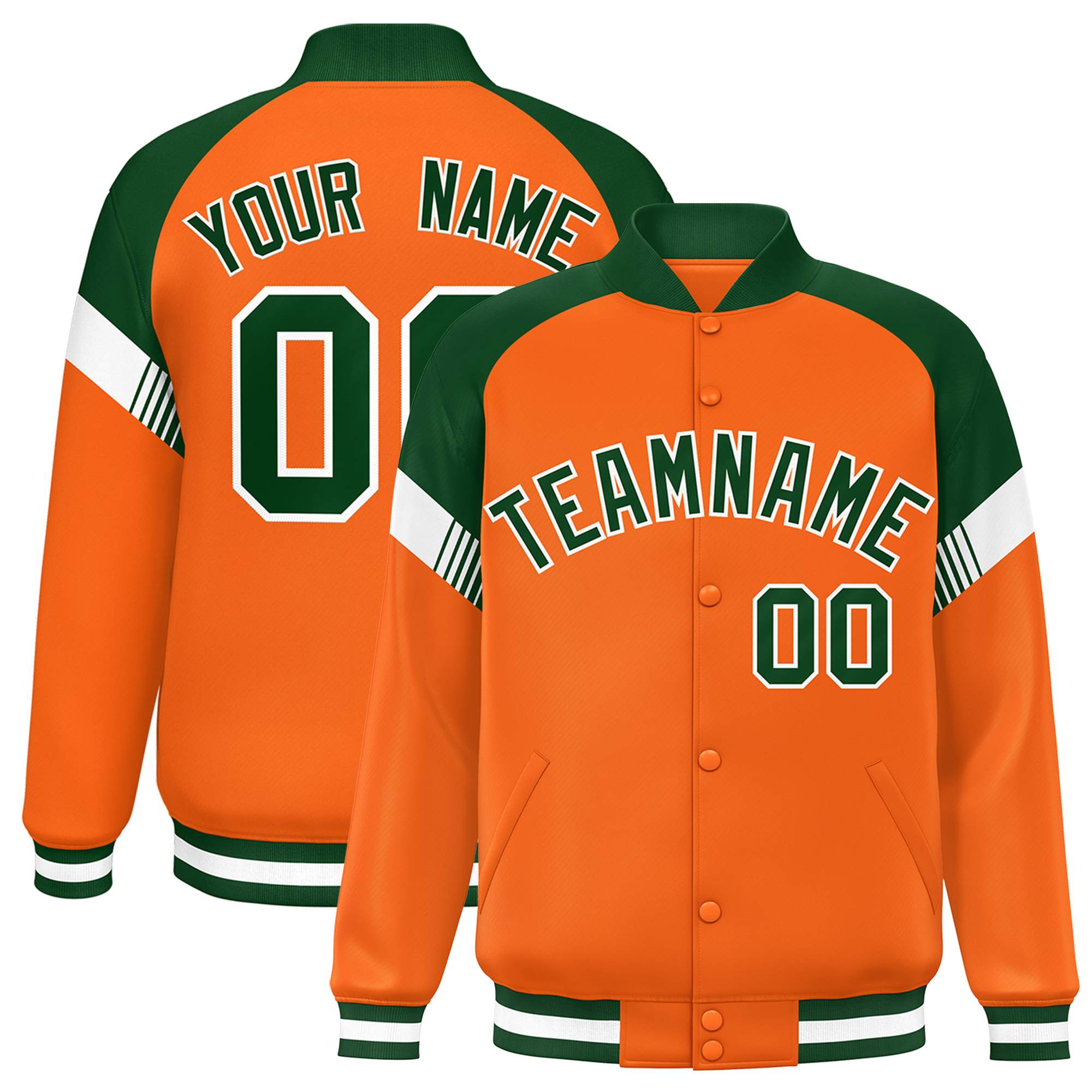 Custom Orange Green-White Varsity Full-Snap Color Block Letterman Jacket