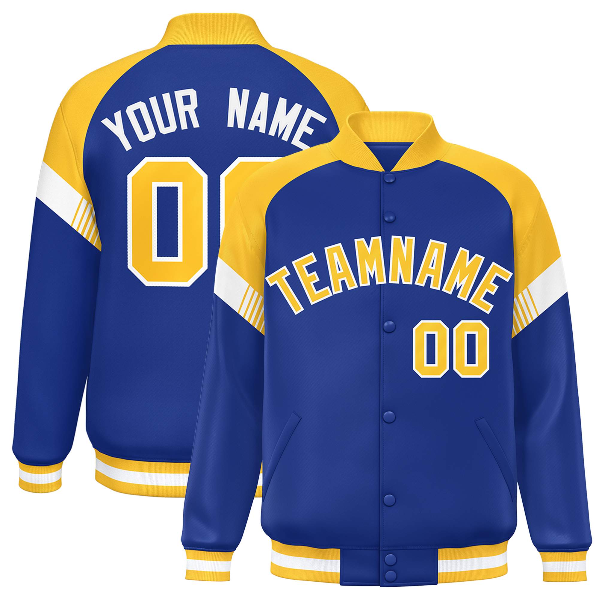 Custom Royal Gold-White Varsity Full-Snap Color Block Letterman Jacket