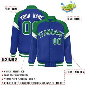 Custom Royal Kelly Green-White Varsity Full-Snap Color Block Letterman Jacket