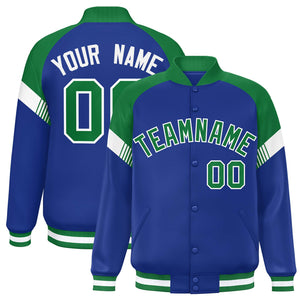 Custom Royal Kelly Green-White Varsity Full-Snap Color Block Letterman Jacket