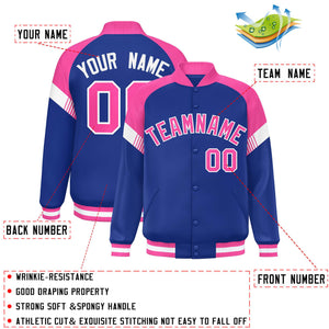 Custom Royal Pink-White Varsity Full-Snap Color Block Letterman Jacket