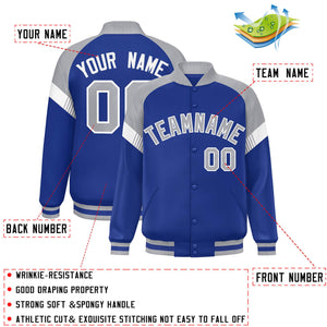 Custom Royal Gray-White Varsity Full-Snap Color Block Letterman Jacket