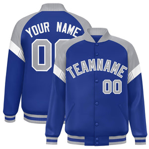 Custom Royal Gray-White Varsity Full-Snap Color Block Letterman Jacket