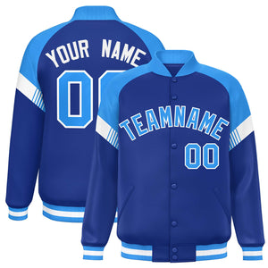 Custom Royal Powder Blue-White Varsity Full-Snap Color Block Letterman Jacket