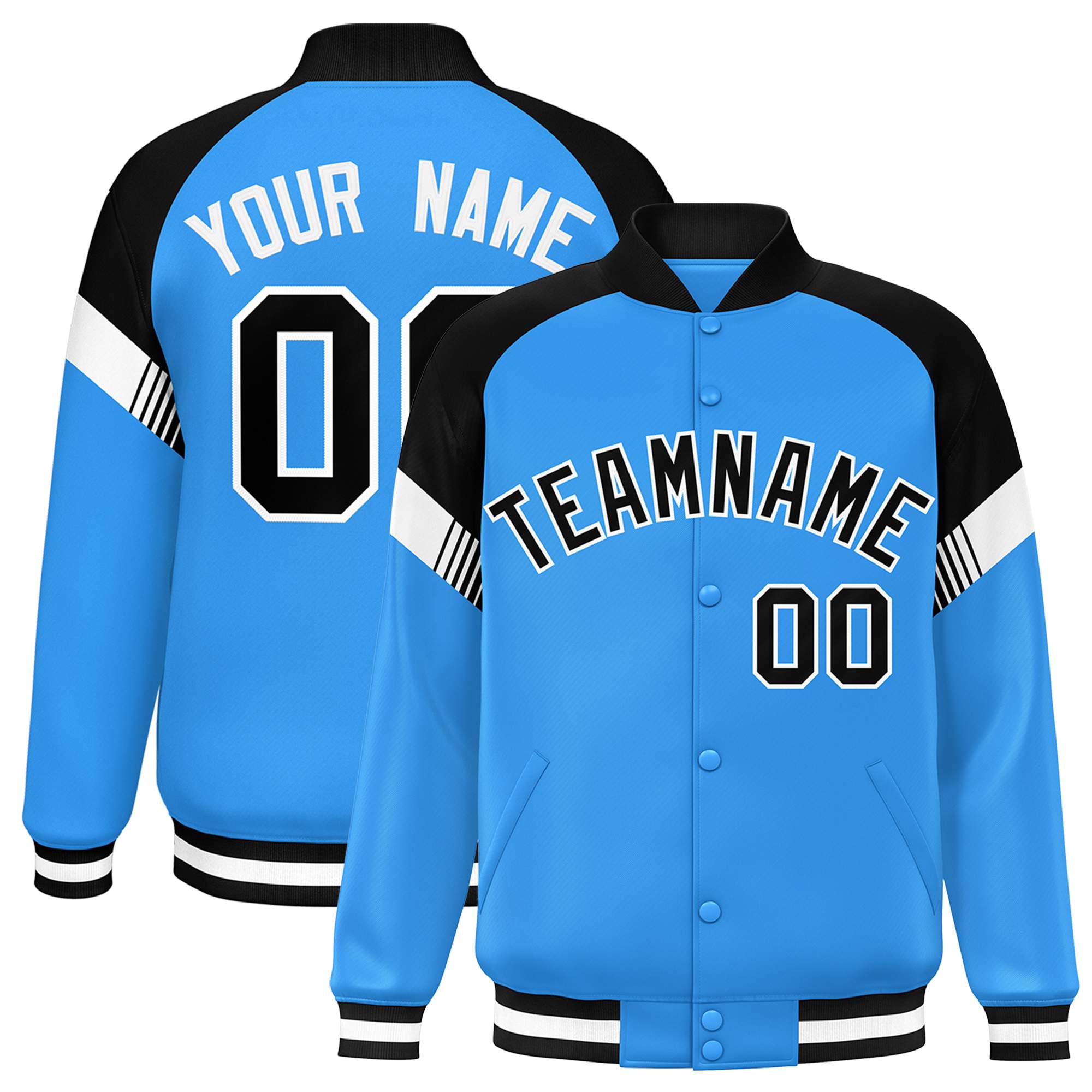 Custom Powder Blue Black-White Varsity Full-Snap Color Block Letterman Jacket