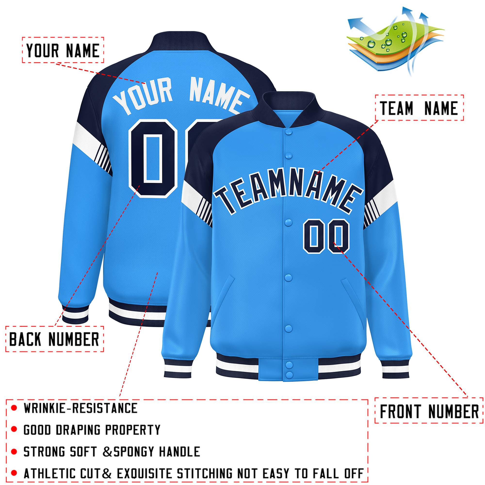 Custom Powder Blue Navy-White Varsity Full-Snap Color Block Letterman Jacket