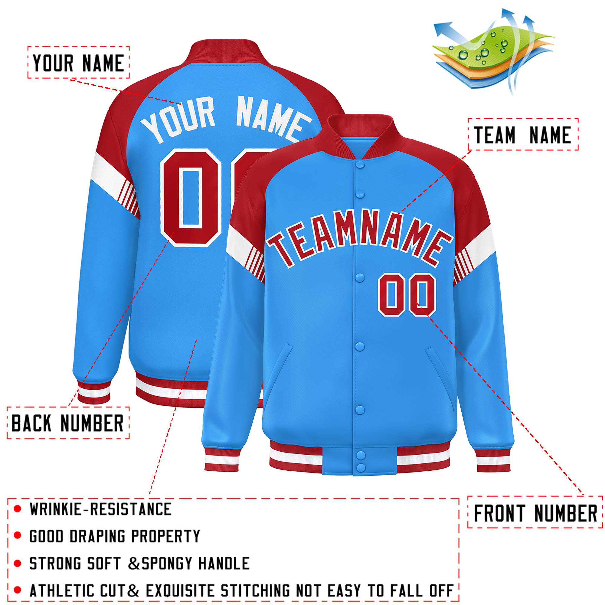 Custom Powder Blue Red-White Varsity Full-Snap Color Block Letterman Jacket