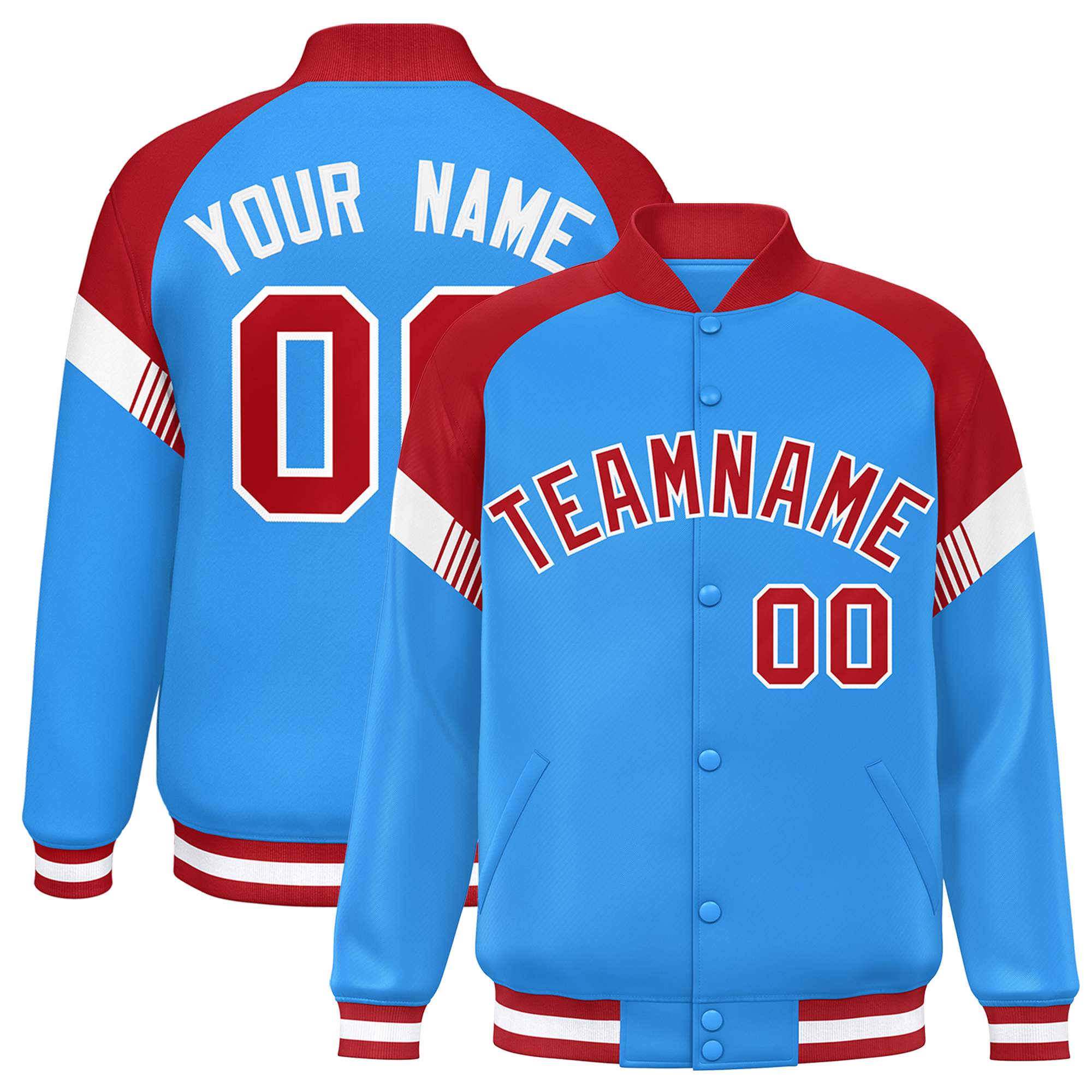 Custom Powder Blue Red-White Varsity Full-Snap Color Block Letterman Jacket