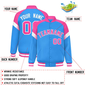 Custom Powder Blue Pink-White Varsity Full-Snap Color Block Letterman Jacket