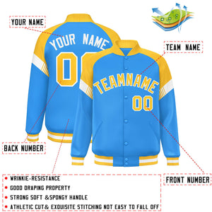 Custom Powder Blue Gold-White Varsity Full-Snap Color Block Letterman Jacket