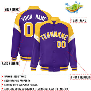 Custom Purple Gold-White Varsity Full-Snap Color Block Letterman Jacket