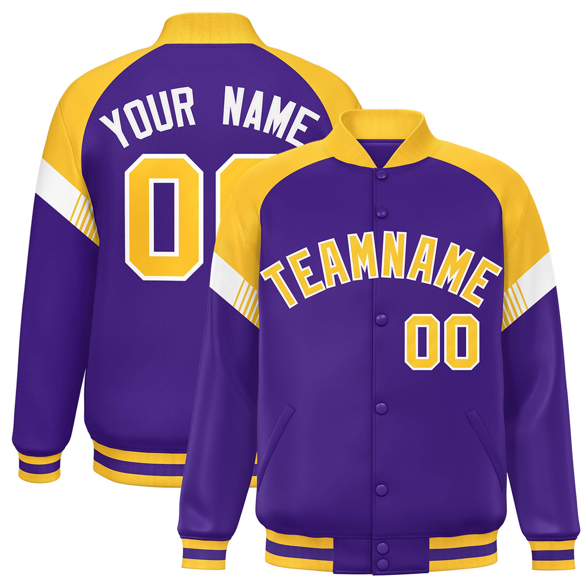 Custom Purple Gold-White Varsity Full-Snap Color Block Letterman Jacket