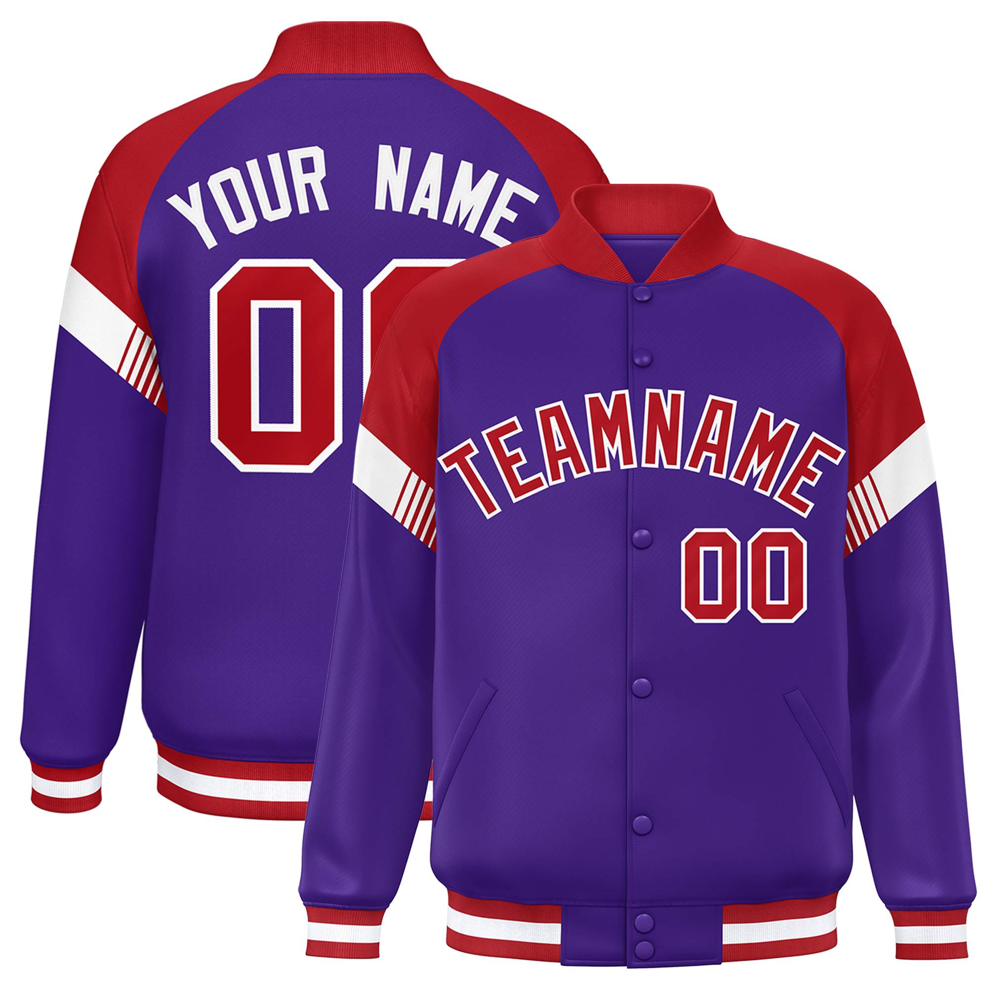 Custom Purple Red-White Varsity Full-Snap Color Block Letterman Jacket