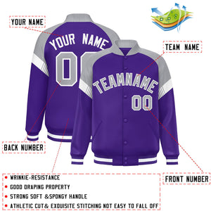 Custom Purple Gray-White Varsity Full-Snap Color Block Letterman Jacket