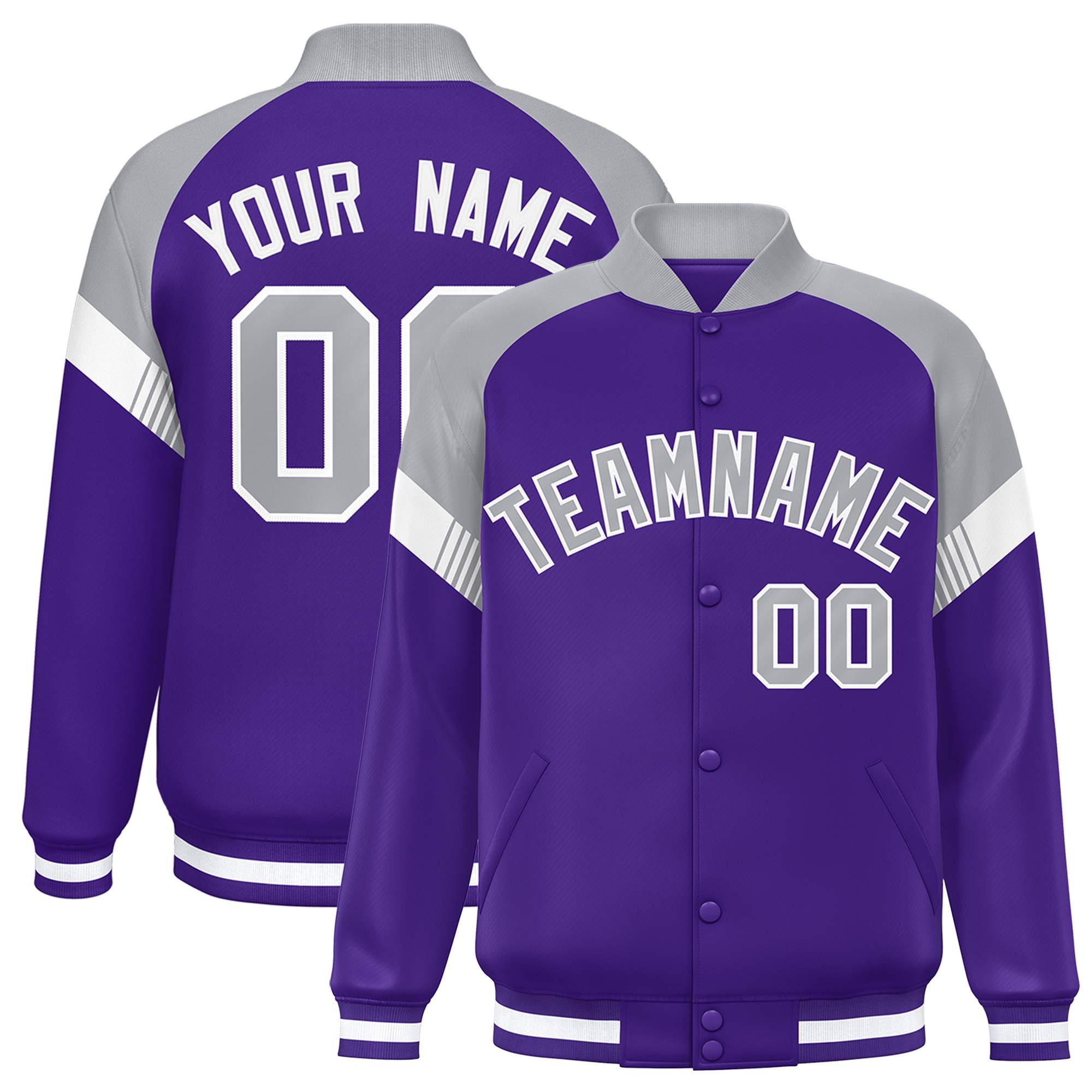 Custom Purple Gray-White Varsity Full-Snap Color Block Letterman Jacket