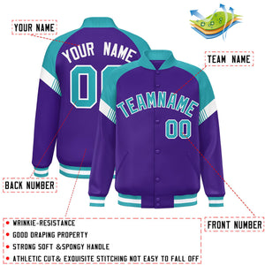 Custom Purple Aqua-White Varsity Full-Snap Color Block Letterman Jacket