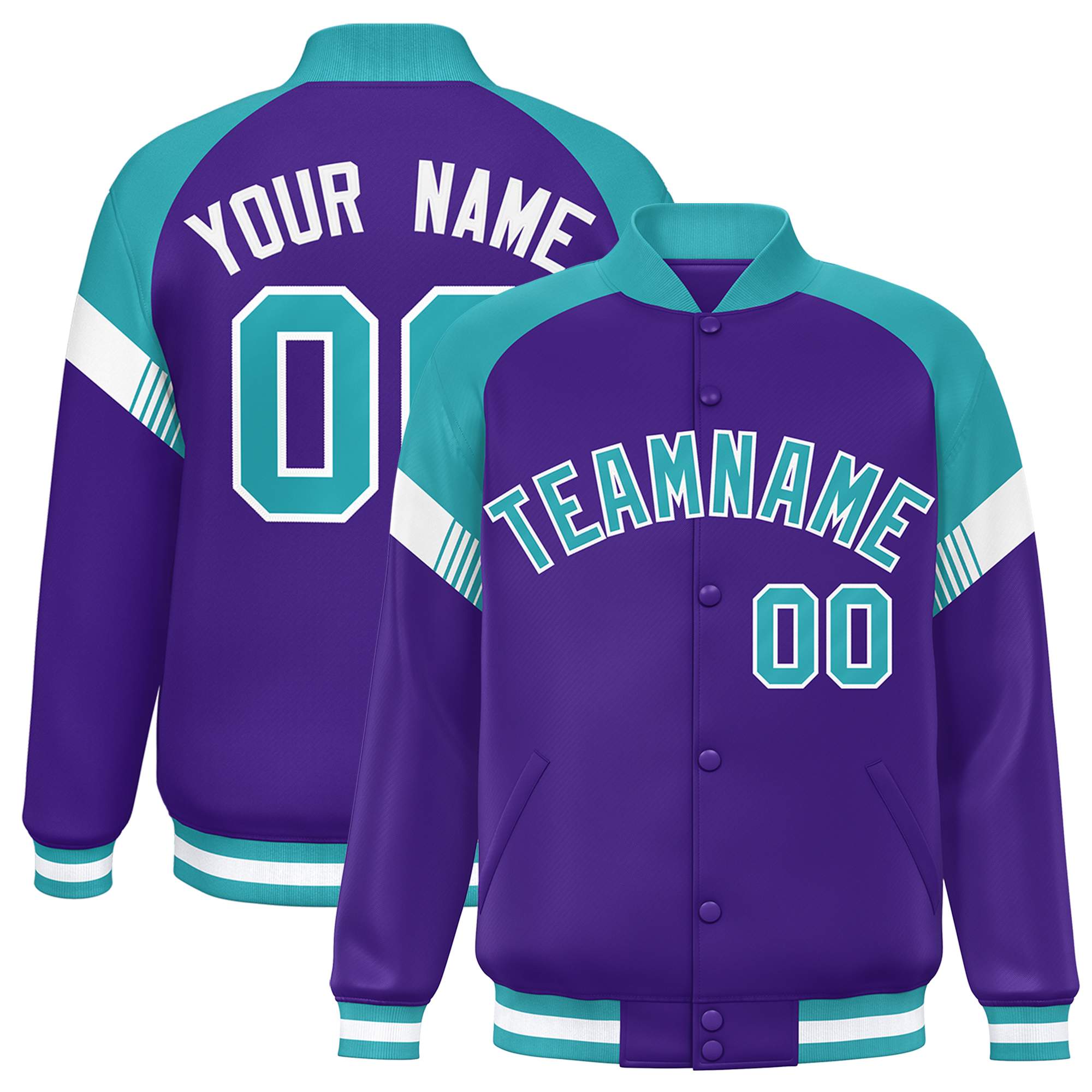 Custom Purple Aqua-White Varsity Full-Snap Color Block Letterman Jacket