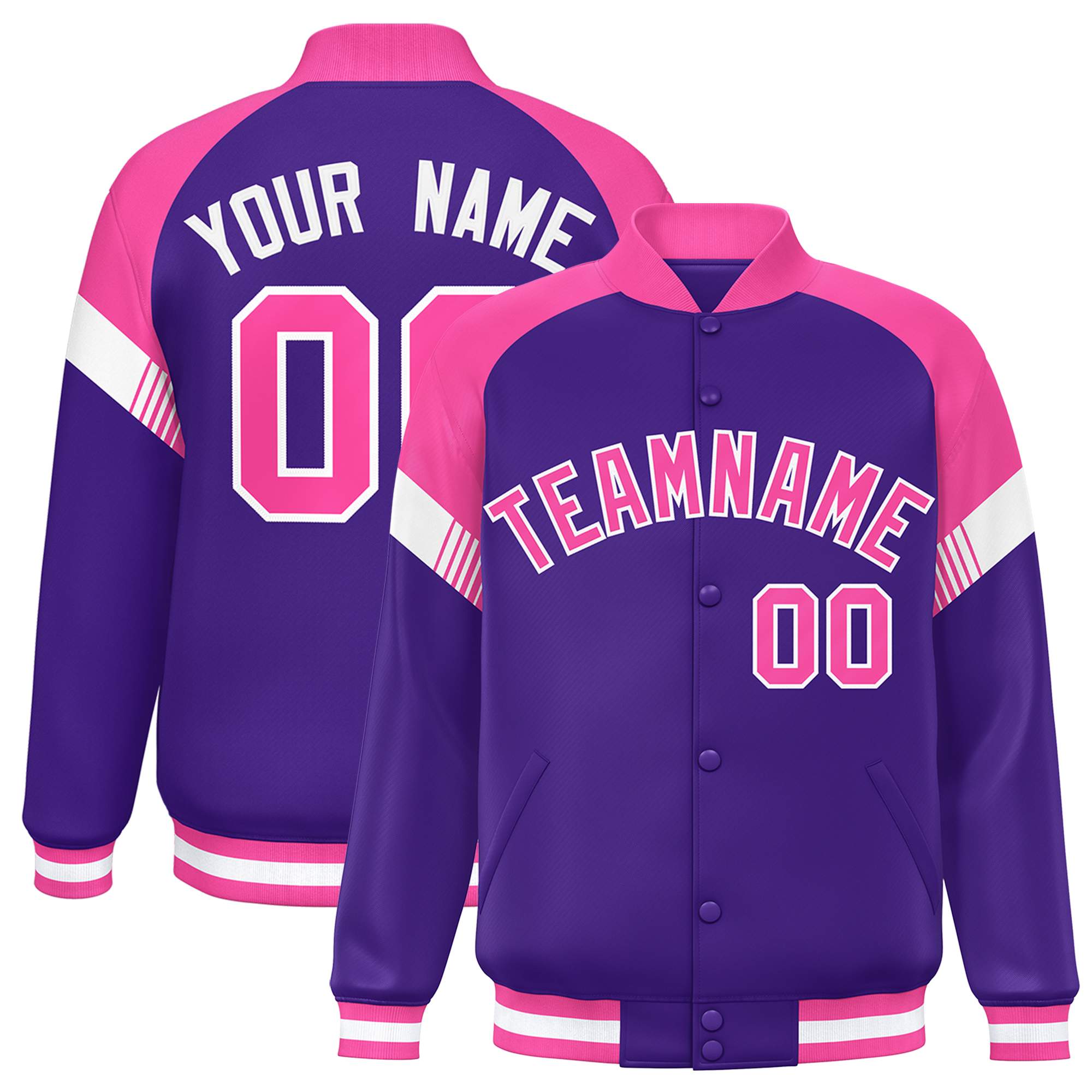 Custom Purple Pink-White Varsity Full-Snap Color Block Letterman Jacket