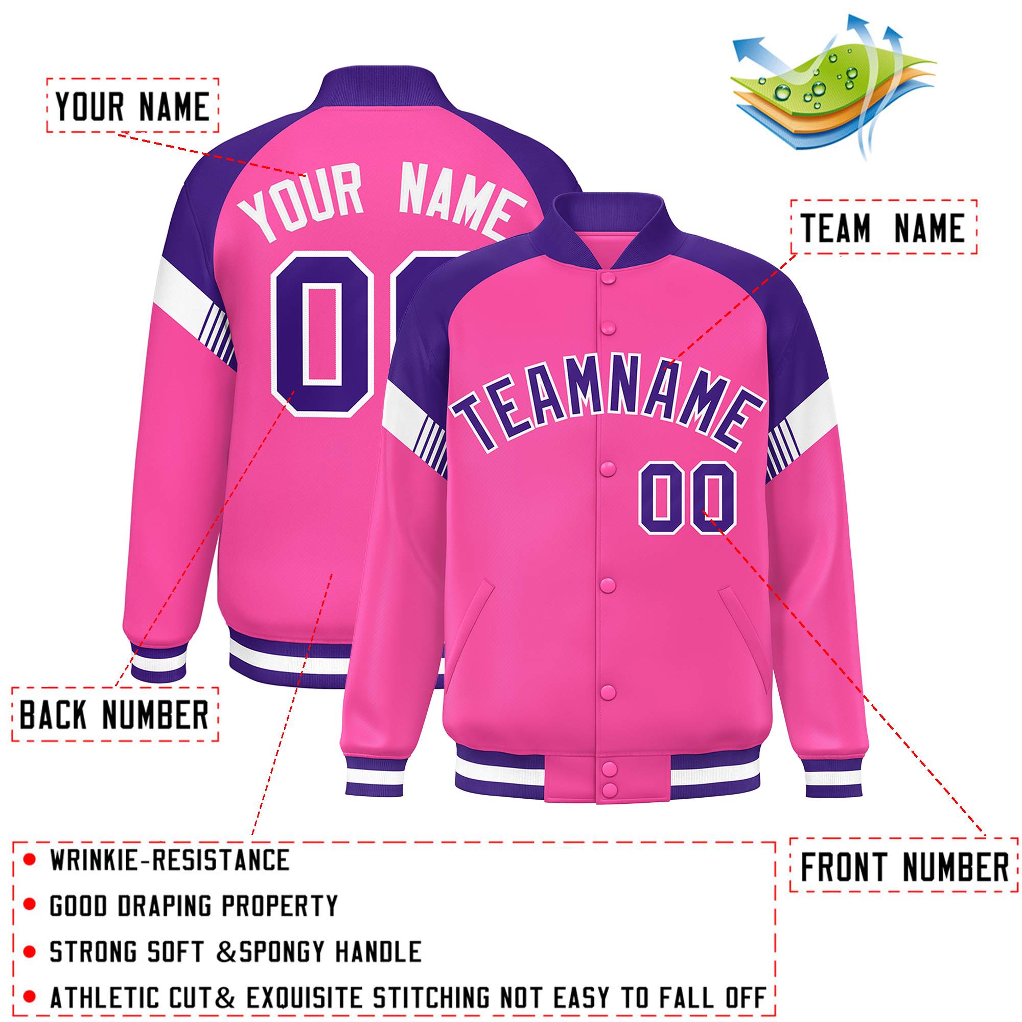 Custom Pink Purple-White Varsity Full-Snap Color Block Letterman Jacket