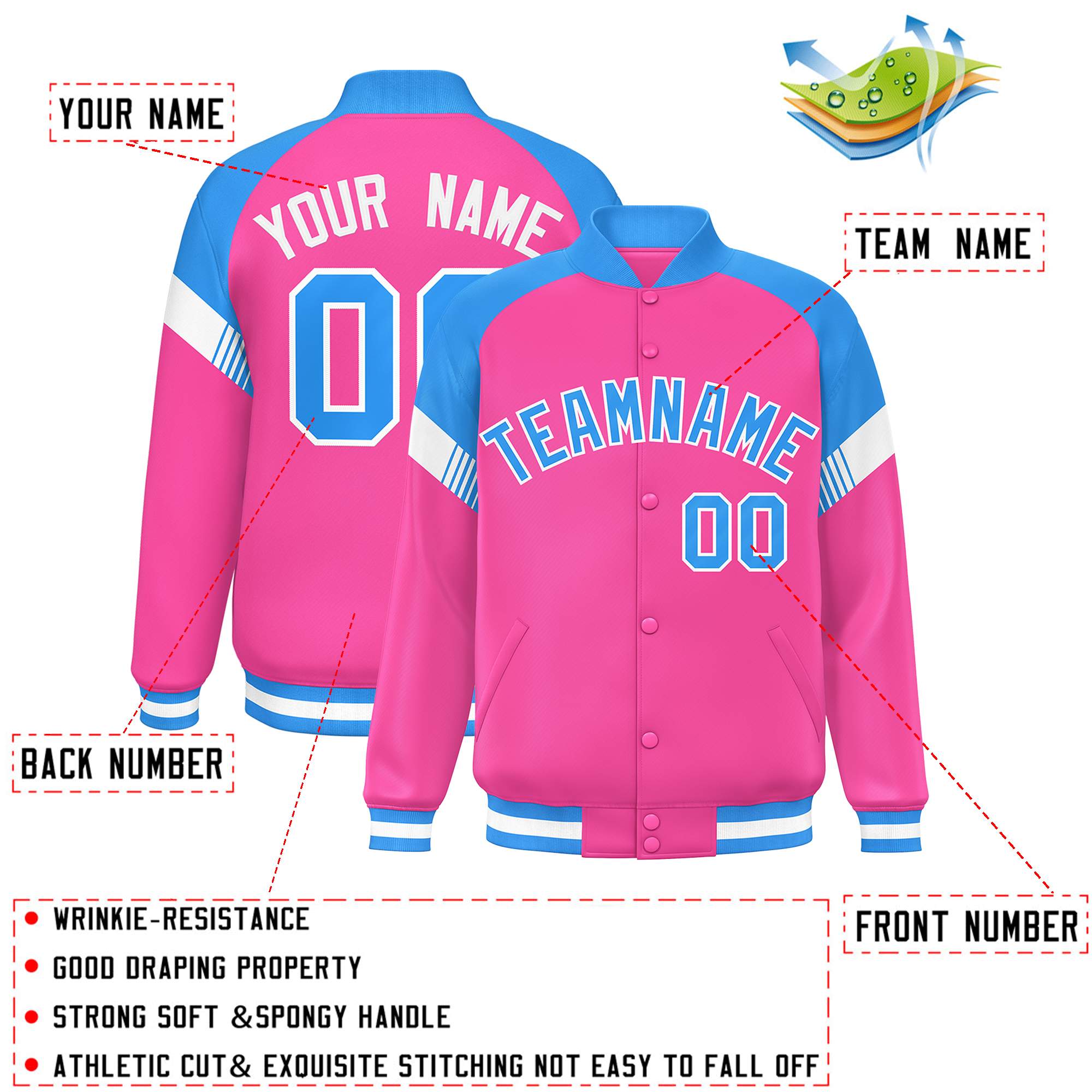 Custom Pink Powder Blue-White Varsity Full-Snap Color Block Letterman Jacket