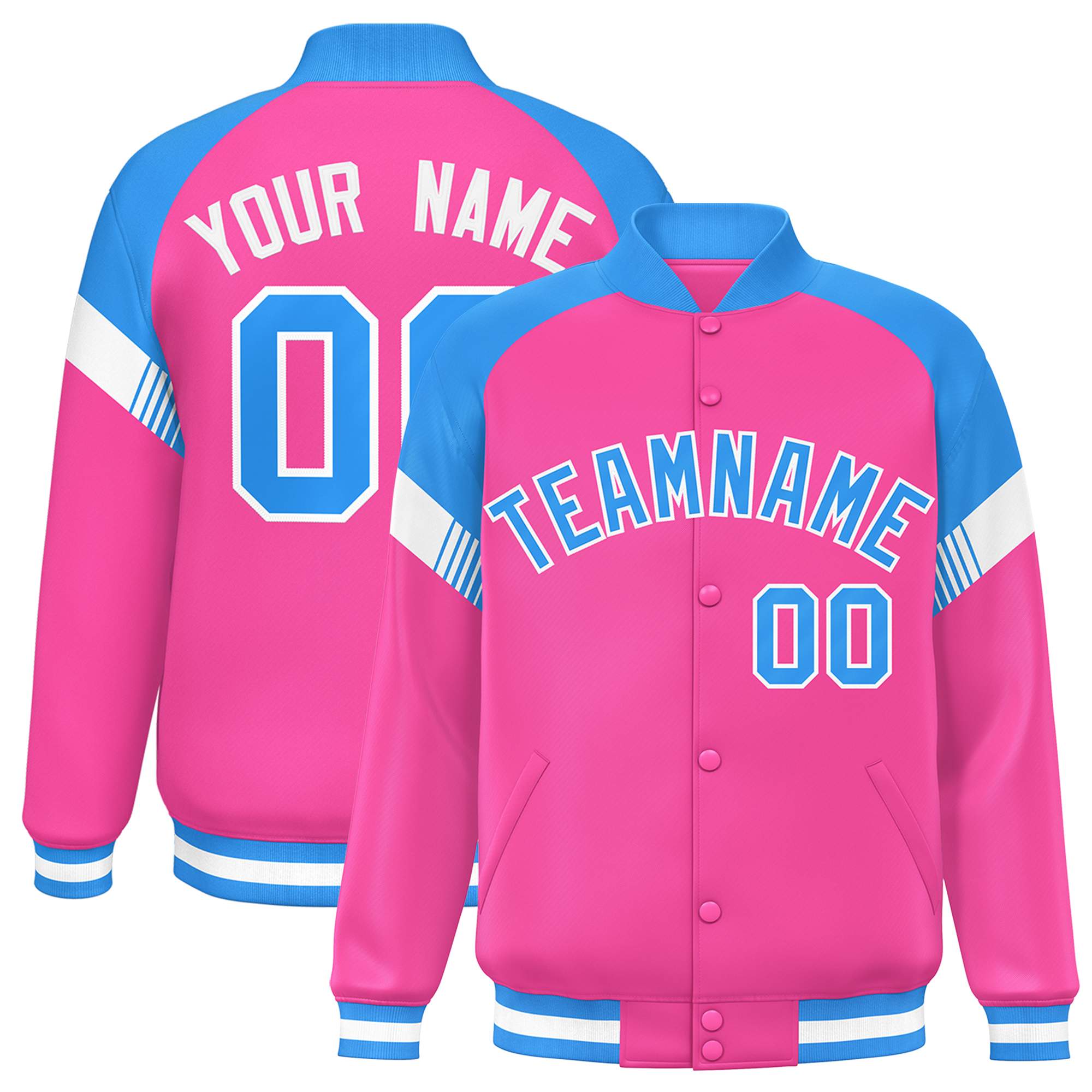 Custom Pink Powder Blue-White Varsity Full-Snap Color Block Letterman Jacket